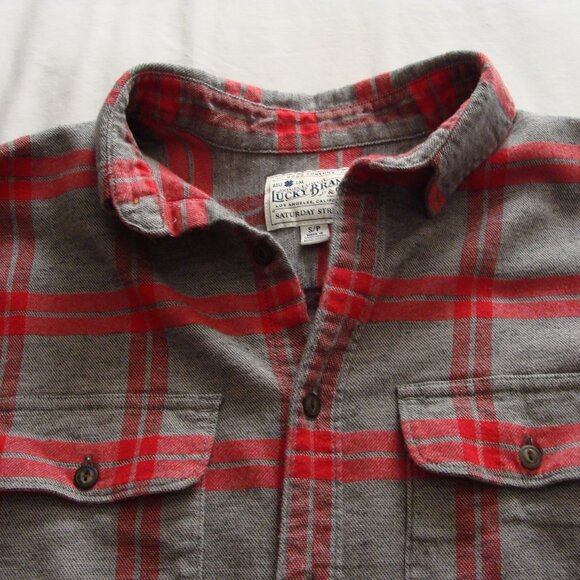 LUCKY BRAND Long Sleeve Gray & Red PLAID FLANNEL Shirt Sz SMALL (Men's) - Picture 2 of 7
